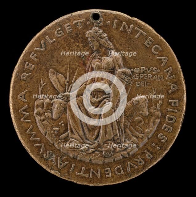 Prudence Seated on Two Hounds Holding Manfredi Shield [reverse], c. 1463. Creator: Sperandio Savelli.