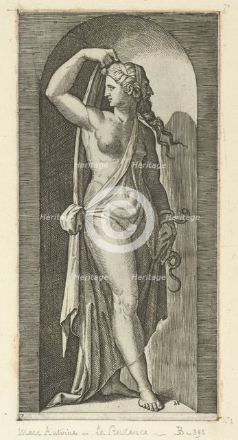 Prudence personified by a woman standing in a niche, holding a shawl in her right h..., ca. 1515-25. Creator: Marcantonio Raimondi.