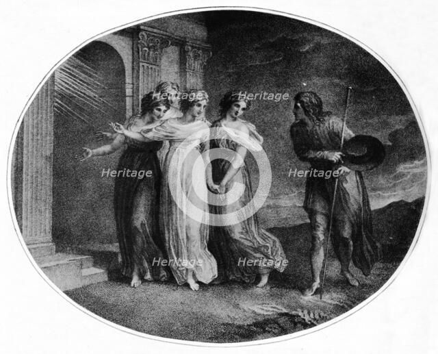 'Prudence, Piety, Charity and Discretion inviting Christian into the Palace Beautiful', 1789, (1912) Artist: Thomas Stothard.