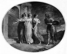 Prudence, Piety, Charity and Discretion inviting Christian into the Palace Beautiful 1789, (1912) Artist: Thomas Stothard