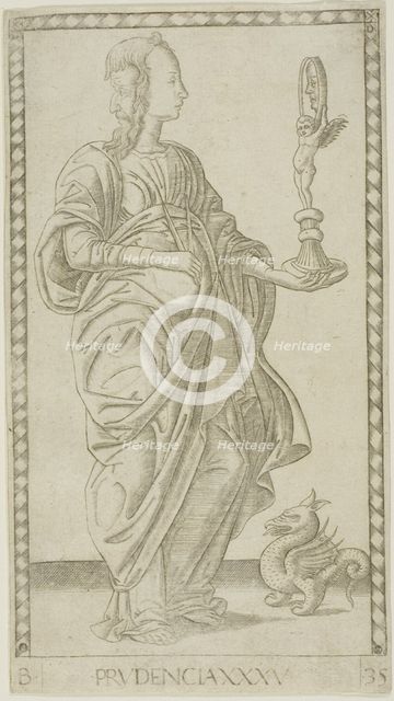 Prudence, plate 35 from Genii and Virtues, c.1465. Creator: Unknown.