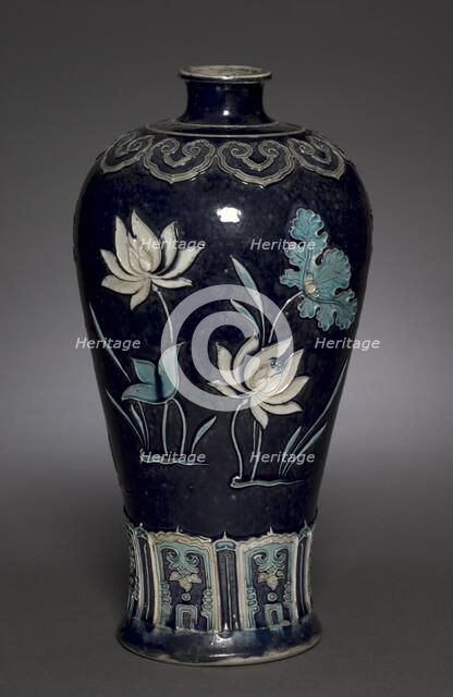 Prunus Vase (Meiping) with Blossoming Lotus: Fahua Ware, late 15th Century. Creator: Unknown.