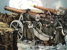 Prussian artillery battery in action, Franco-Prussian War, 1870-1871