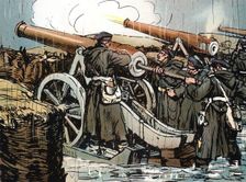 Prussian artillery battery in action, Franco-Prussian War, 1870-1871