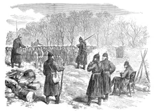 Prussian barricade on the Rueil road: French peasants waiting to pass to their villages, 1871. Creator: Unknown