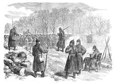 Prussian barricade on the Rueil road: French peasants waiting to pass to their villages, 1871. Creator: Unknown