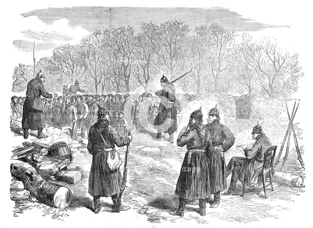 Prussian barricade on the Rueil road: French peasants waiting to pass to their villages, 1871. Creator: Unknown.