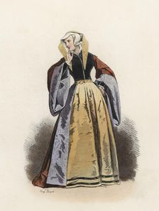 Prussian housekeeper with a party dress, in the modern age, color engraving 1870