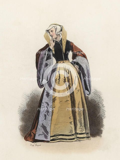 Prussian housekeeper with a party dress, in the modern age, color engraving 1870.
