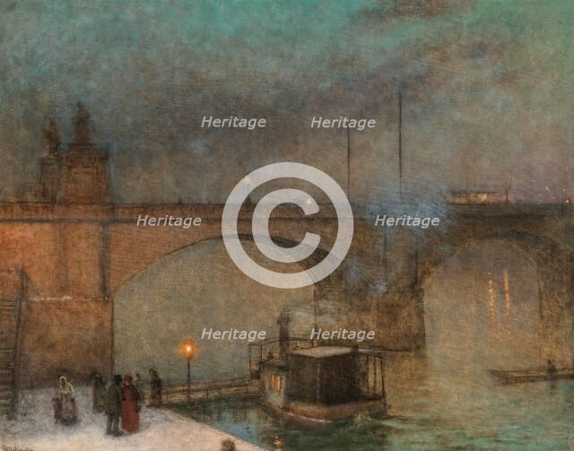 Prague, steamer on the Vltava before the Palacky Bridge, ca 1910-1915. Creator: Schikaneder, Jakub (1855-1924).