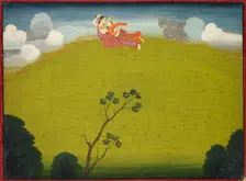 Pradyumna and Mayavati Fly to Dvaraka, from the Large Basohli Bhagavata Purana, c. 1760-1765. Creator: Unknown