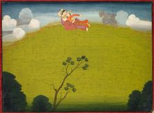 Pradyumna and Mayavati Fly to Dvaraka, from the Large Basohli Bhagavata Purana, c. 1760-1765. Creator: Unknown