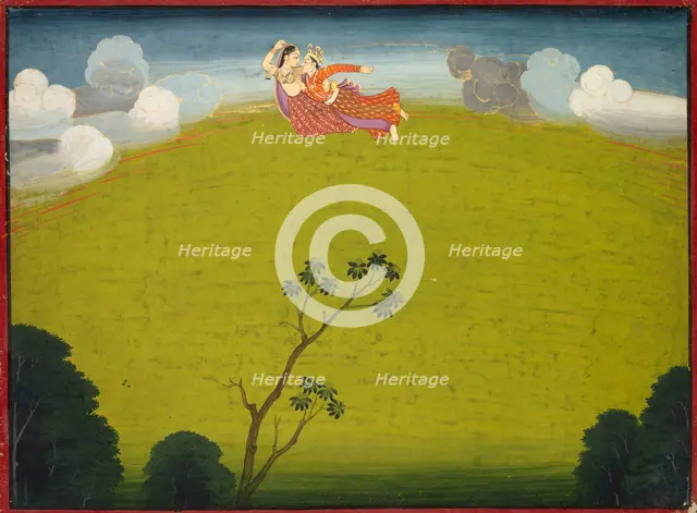 Pradyumna and Mayavati Fly to Dvaraka, from the Large Basohli Bhagavata Purana, c. 1760-1765. Creator: Unknown.