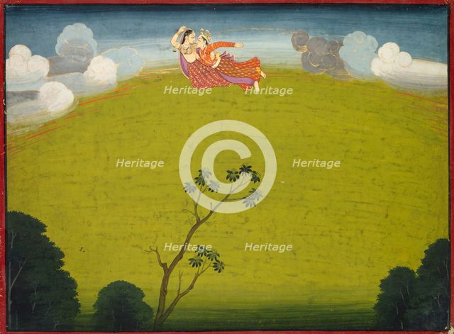 Pradyumna and Mayavati Fly to Dvaraka, from the Large Basohli Bhagavata Purana, c. 1760-1765. Creator: Unknown.