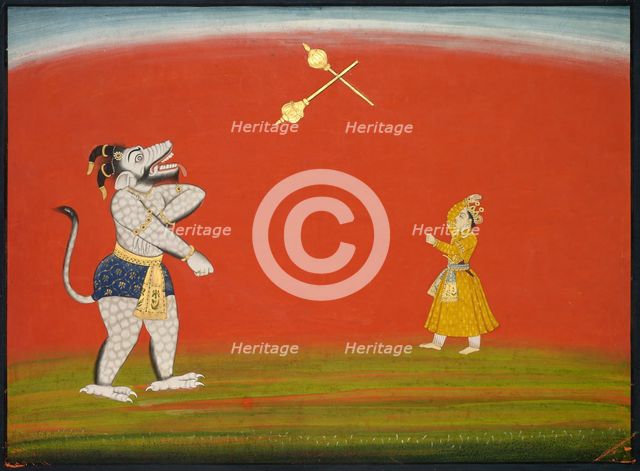 Pradyumna and Samvara fight with maces: Leaf from the "Large Basohli Bhagavata Purana", c. 1760-1765 Creator: Unknown.
