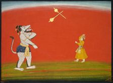 Pradyumna and Samvara fight with maces: Leaf from the "Large Basohli Bhagavata Purana", c. 1760-1765 Creator: Unknown