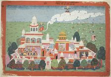 Pradyumna Enters the Palace of the Demon Sambar and Challenges him to Battle, page..., c. 1775. Creator: Unknown