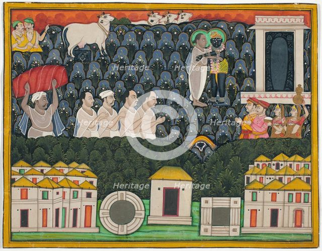 Pratham Milan, Shrinathji revealing himself to Vallabhacharya on Mount..., Early 19th century. Creator: Unknown.