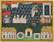 Pratham Milan, Shrinathji revealing himself to Vallabhacharya on Mount..., Early 19th century. Creator: Unknown