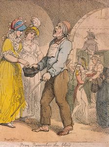 Pray remember the blind'; scene under Covent Garden piazza, Cries of London, 1811. Artist: Anon