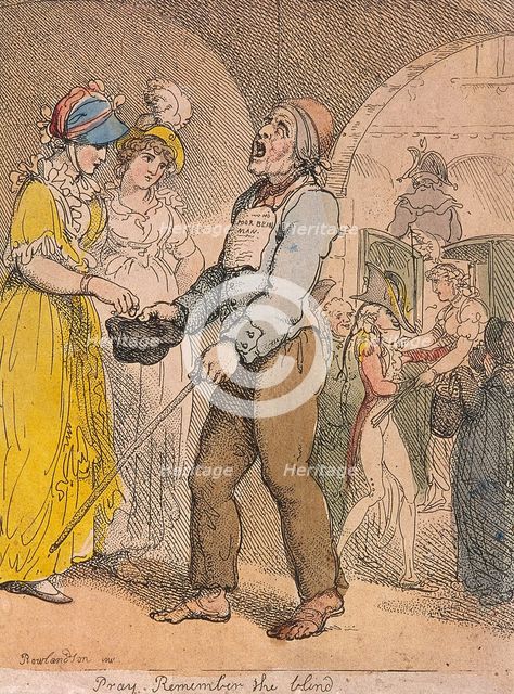 'Pray remember the blind'; scene under Covent Garden piazza, Cries of London, 1811. Artist: Anon