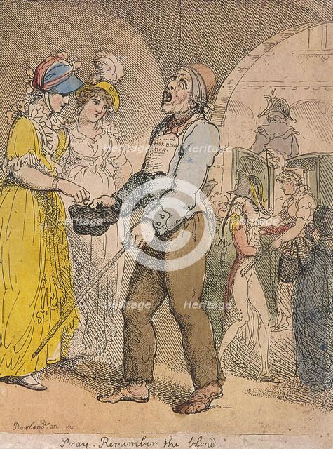 'Pray remember the blind'; scene under Covent Garden piazza, Cries of London, 1811. Artist: Anon