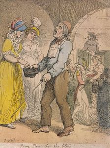 Pray remember the blind'; scene under Covent Garden piazza, Cries of London, 1811. Artist: Anon