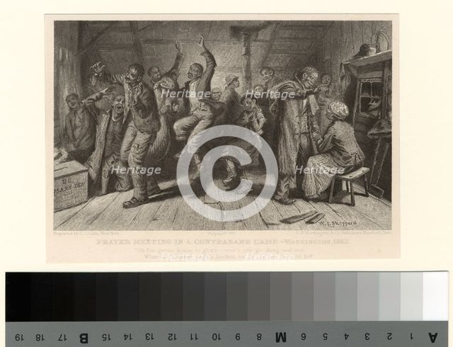 Prayer meeting in a contraband camp, Washington, 1862, 1887. Creator: J. J. Cade.