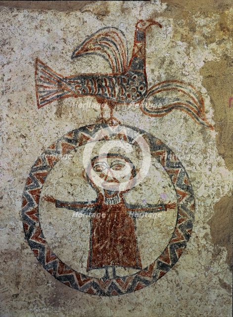 Prayer, detail of mural Painting that was in the apse of the pre-Romanesque church of Sant Quirze…