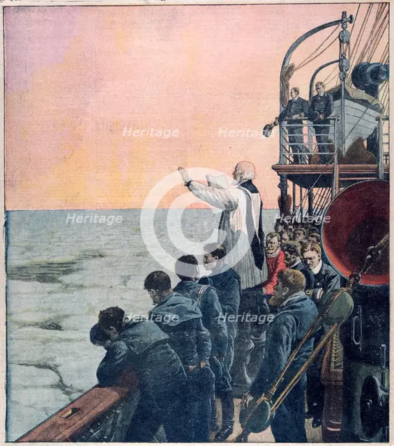 Prayers at the scene of the sinking of the Titanic, 1912. Artist: Unknown