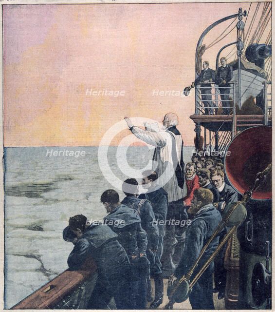Prayers at the scene of the sinking of the Titanic, 1912. Artist: Unknown