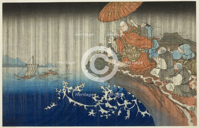 Praying for Rain at Ryozengasaki in Kamakura, 1271 (Bun'ei hachi Kamakura Ryozengasa..., c. 1830/35. Creator: Utagawa Kuniyoshi.