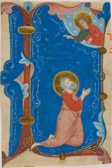 Praying Saint (Moses?) with Christ in a Historiated Initial "L", from a Choirbook, c. 1300. Creator: Unknown