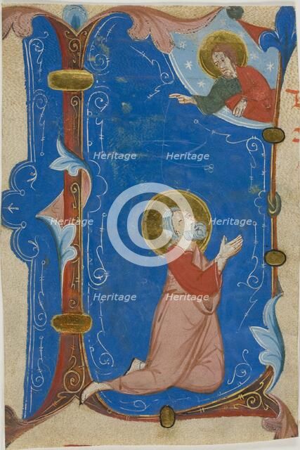 Praying Saint (Moses?) with Christ in a Historiated Initial "L", from a Choirbook, c. 1300. Creator: Unknown.