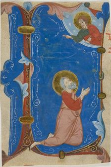 Praying Saint (Moses?) with Christ in a Historiated Initial "L", from a Choirbook, c. 1300. Creator: Unknown