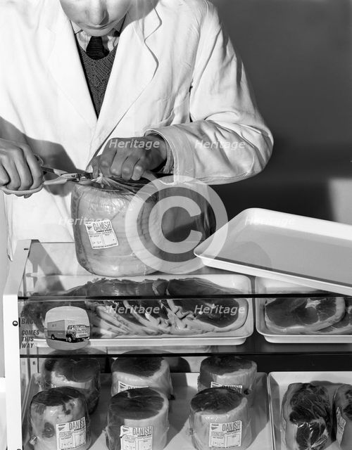 Pre-packed gammon steaks, Danish Bacon Company, Yorkshire, 1964. Creator: Michael Walters.