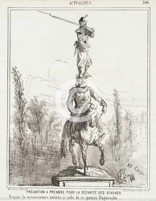 Précaution a prendre pour la sécurité des statues depuis la mésadventure arrivée à..., 1867. Creator: Cham.