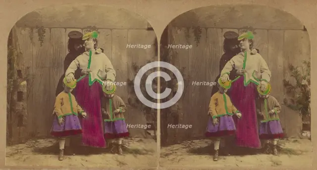 Precaution. Pretty Nursemaid: - "Dear me, children, how must I tell you how to wear..., about 1865. Creator: London Stereoscopic & Photographic Co.