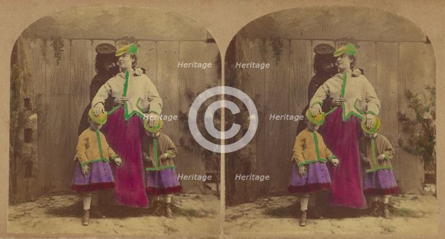 Precaution. Pretty Nursemaid: - "Dear me, children, how must I tell you how to wear..., about 1865. Creator: London Stereoscopic & Photographic Co.