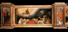 Predella with three scenes of Saint Roch, and figures of Saint Peter, Christ as..., c1580- 1620. Creator: Unknown