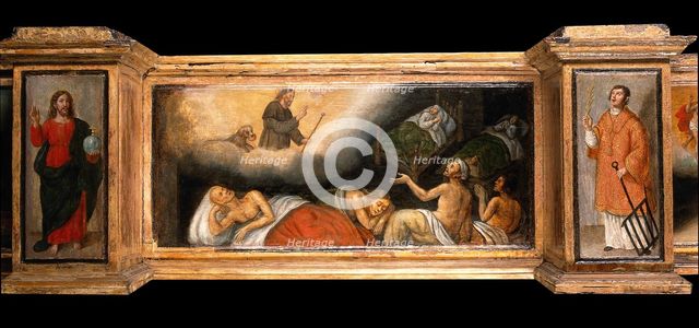 Predella with three scenes of Saint Roch, and figures of Saint Peter, Christ as..., c1580- 1620. Creator: Unknown.