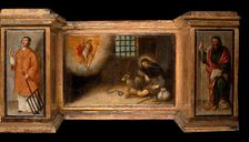 Predella with three scenes of Saint Roch, and figures of Saint Peter, Christ as..., c1580?- 1620?. Creator: Unknown