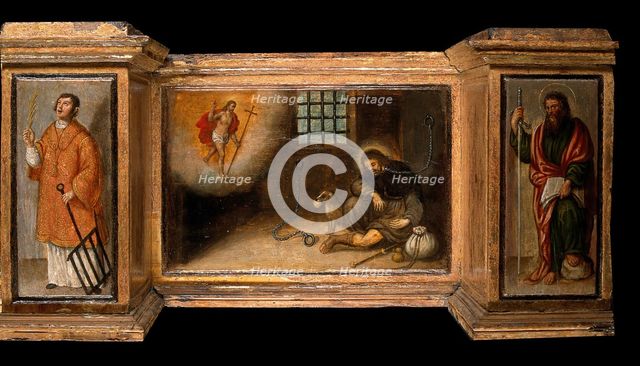 Predella with three scenes of Saint Roch, and figures of Saint Peter, Christ as..., c1580?- 1620?. Creator: Unknown.