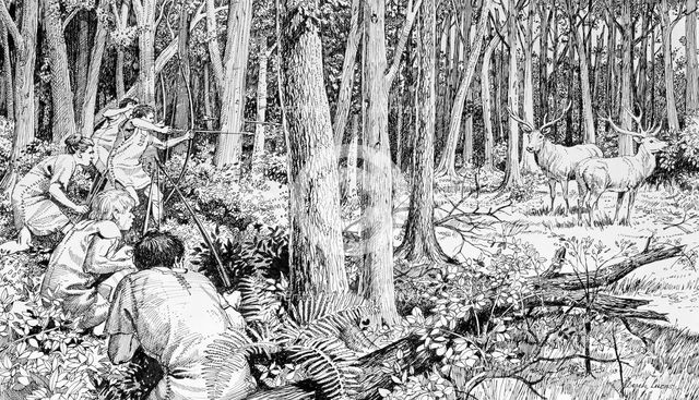 Prehistoric hunters stalking red deer, Southern England, 6000 BC. Creator: Derek Lucas.