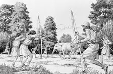Prehistoric hunting of aurochs. Creator: Derek Lucas