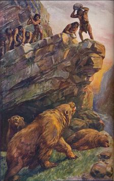 Prehistoric men attacking great cave bears, 1907