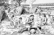 Prehistoric people in a settlement, Swanscombe, Kent, c350,000 BC. Creator: Derek Lucas