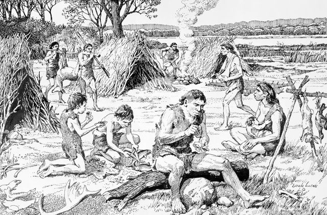 Prehistoric people in a settlement, Swanscombe, Kent, c350,000 BC. Creator: Derek Lucas.