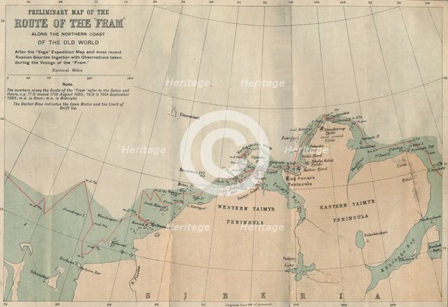'Preliminary Map of the Route of the Fram along Northern Coast of Old World',  c1893-1896, (1897).  Artist: Unknown.