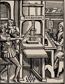 Prelum Ascensianum: printer's device with the printing press at work, 1508. Creator: Badius (Badius Ascensius), Jodocus (1462-1535)